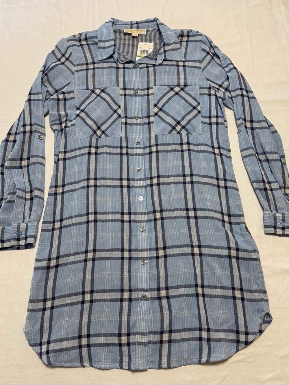 Michael Kors Light Blue and Navy Plaid Button-Down Shirt Dress NWT